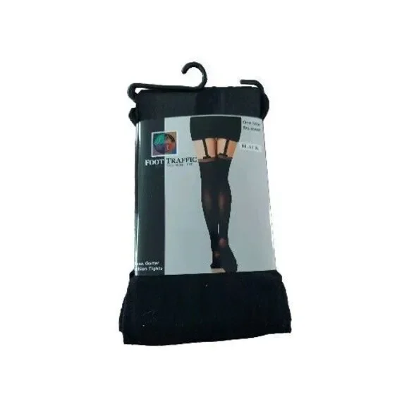 Foot Traffic Fashion Black Faux Garter Fashion Tights One Size Fits Most New - Picture 1 of 4
